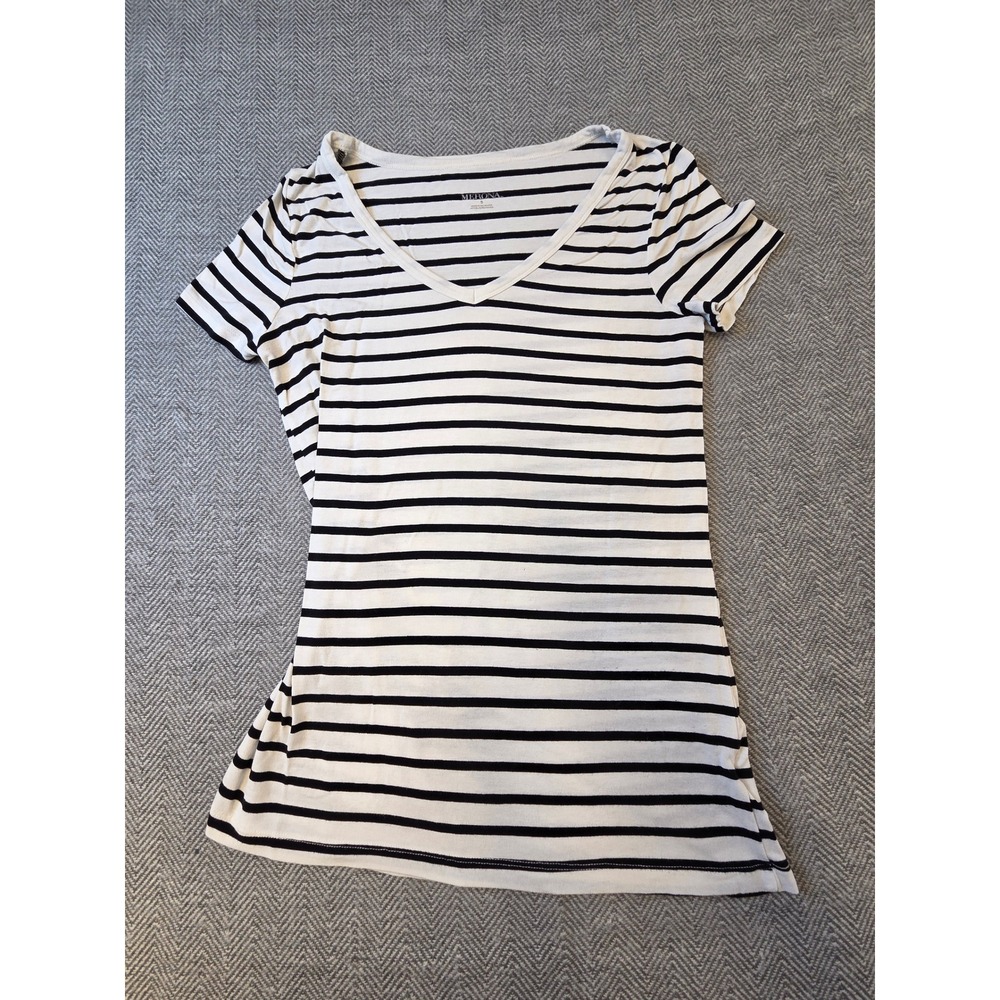 Merona T-Shirt Women's S Black White Striped Short Sleeve Deep V-Neck Pullover